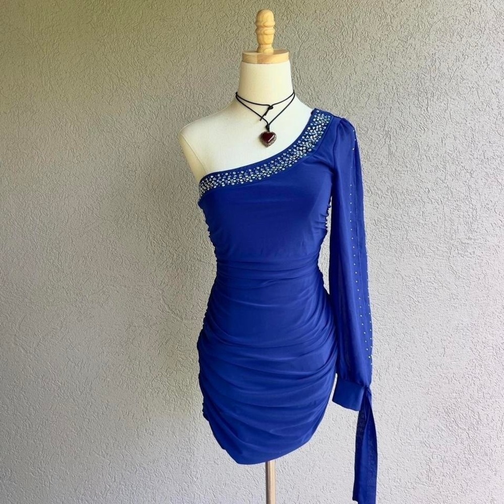 Y2K Deb Blue Rhinestone Mini Dress Medium Party Club One Shoulder Long Sleeve - Picture 1 of 7